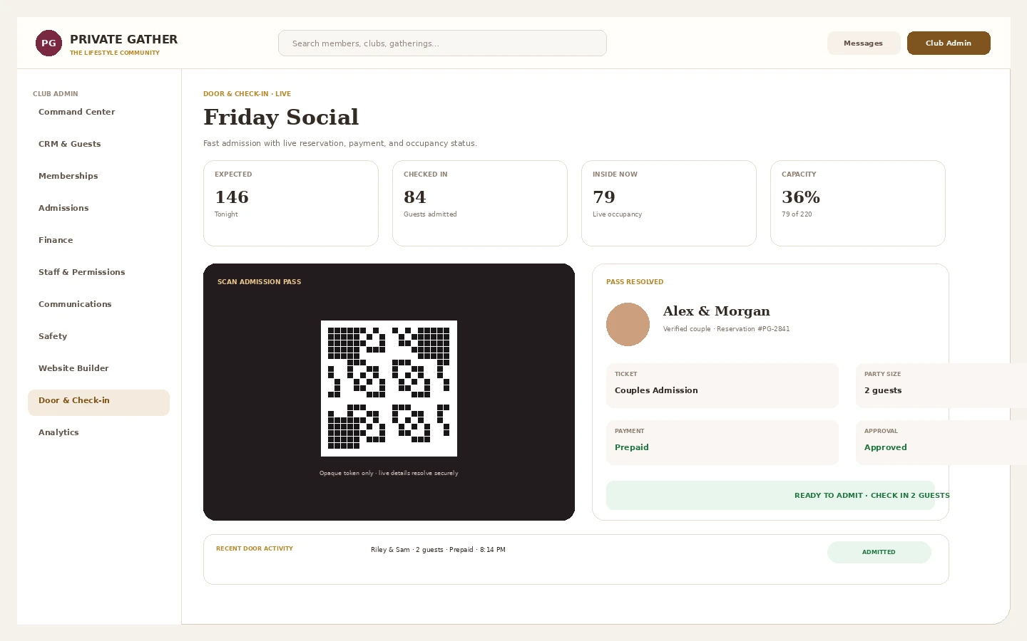 Private Gather Door Mode showing secure QR scan, live reservation details, payment status, approval, occupancy, and admission controls