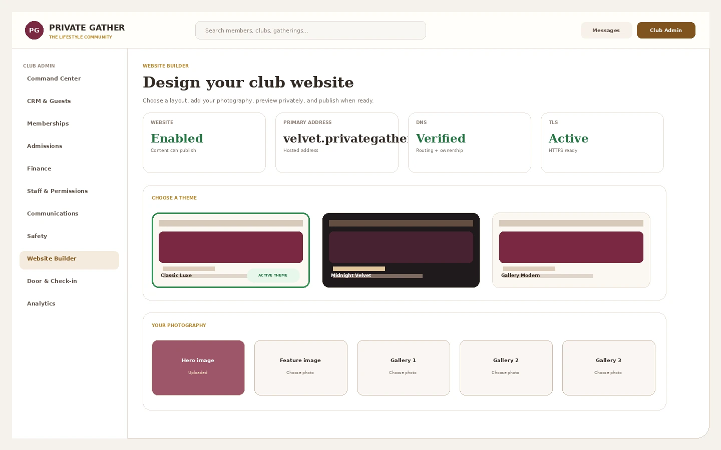 Private Gather club website builder showing website health, active theme, theme previews, and owner photography slots