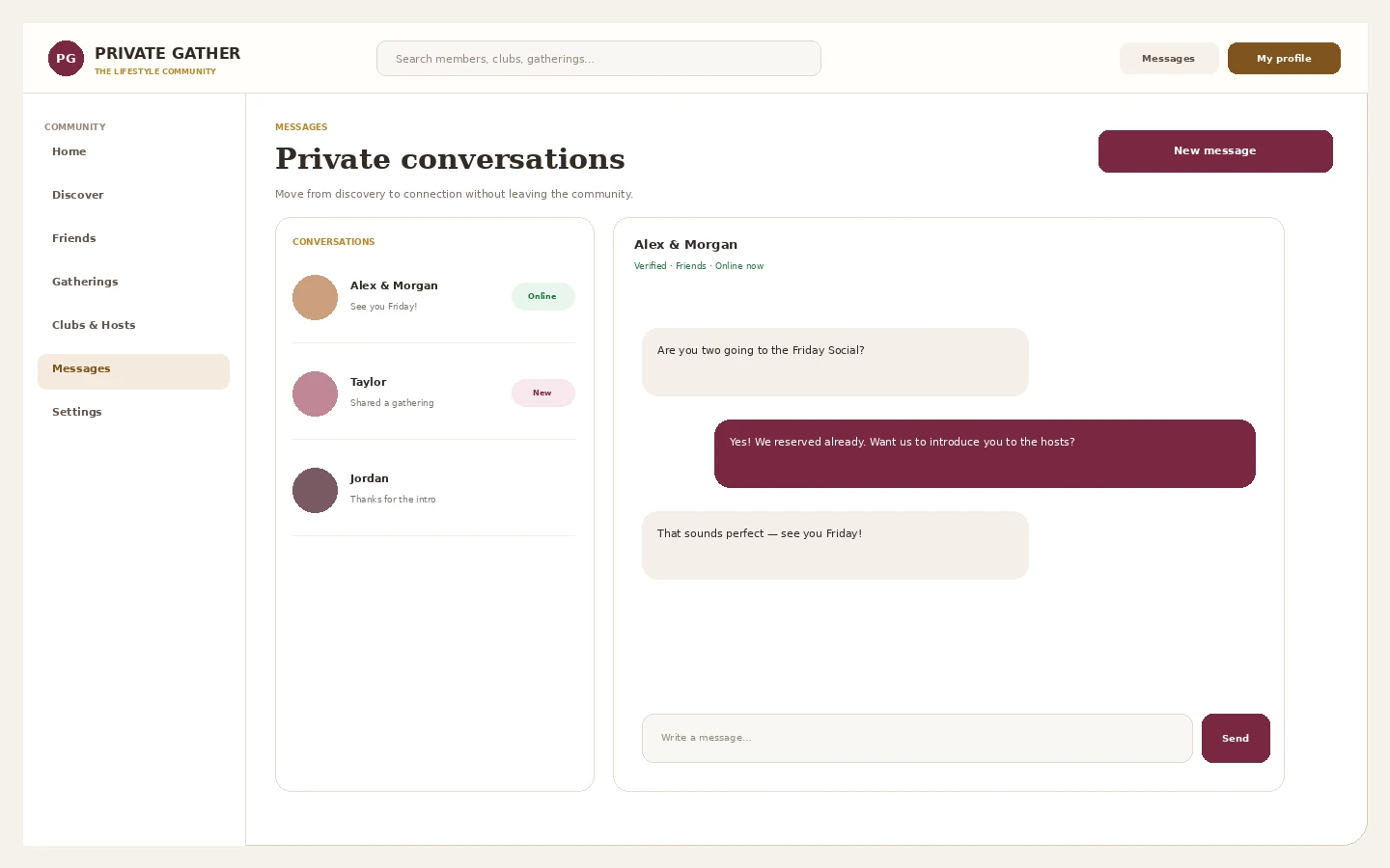 Private Gather private messaging interface with privacy-focused conversations
